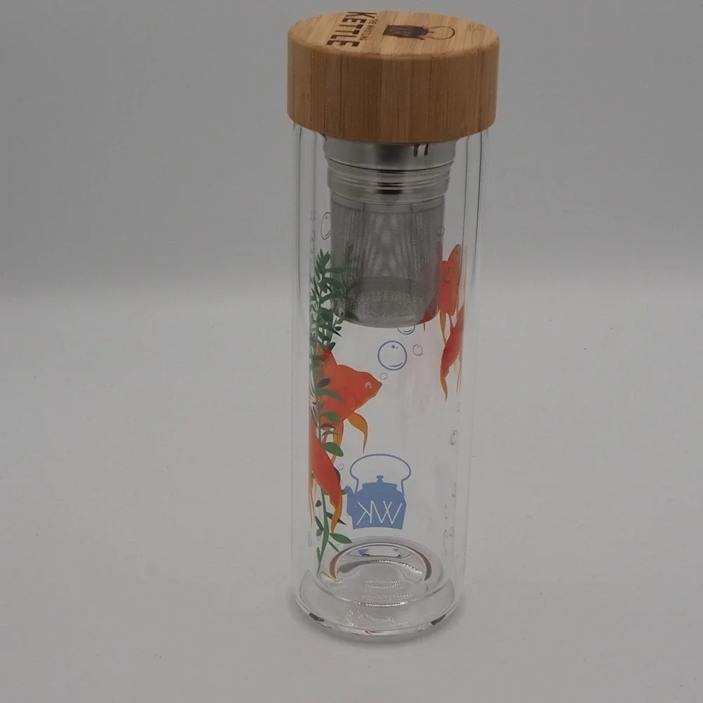 Whistling Kettle Tea Tumbler 16oz Double Wall Glass Tea Tumbler Infuser Koi Fish